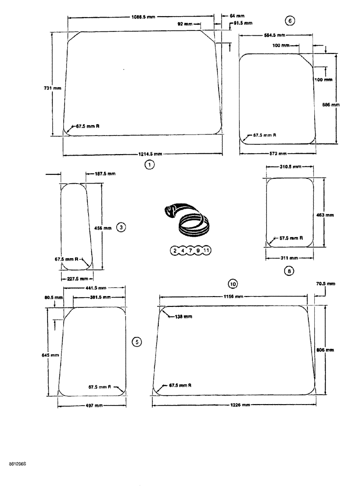 Схема запчастей Case 1150G - (9-056) - ROPS CAB GLASS, METRIC DIMENSIONS (05) - UPPERSTRUCTURE CHASSIS