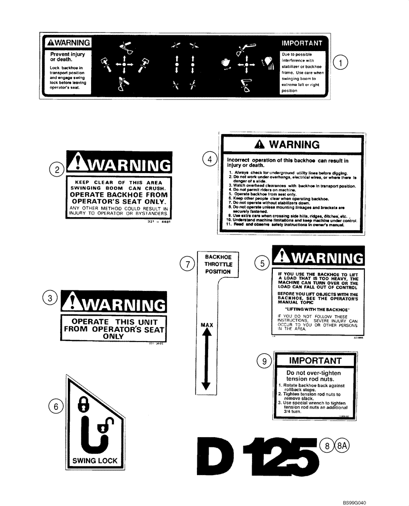 Схема запчастей Case 1845C - (09-86) - DECALS - BACKHOE, D125 (09) - CHASSIS/ATTACHMENTS
