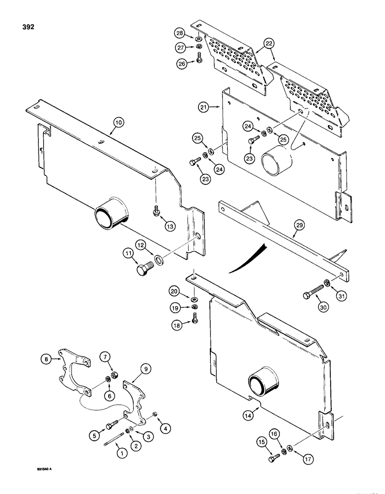 Схема запчастей Case 1155D - (392) - DRIVE SHAFT AND REAR TRANSMISSION GUARDS, ONE-PIECE REAR TRANS GUARD-RIPPER MODELS IF USED (09) - CHASSIS/ATTACHMENTS