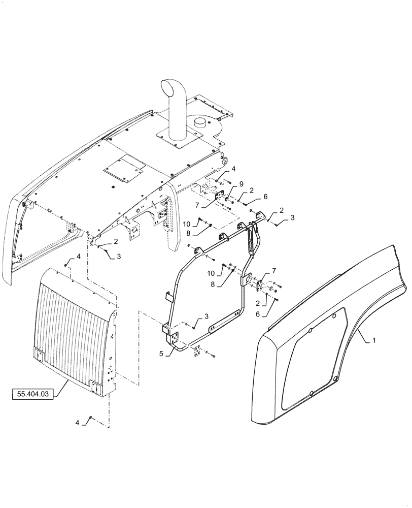 Схема запчастей Case 1021F - (90.105.02[03]) - HOOD INSTALLATION RIGHT HAND (90) - PLATFORM, CAB, BODYWORK AND DECALS