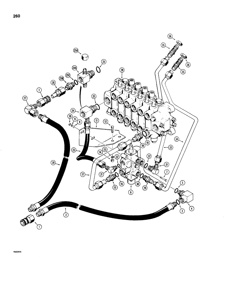 Схема запчастей Case 480C - (260) - BACKHOE EXTENDABLE DIPPER HYDRAULIC CIRCUIT, BACKHOE VALVE TO COUPLINGS (35) - HYDRAULIC SYSTEMS