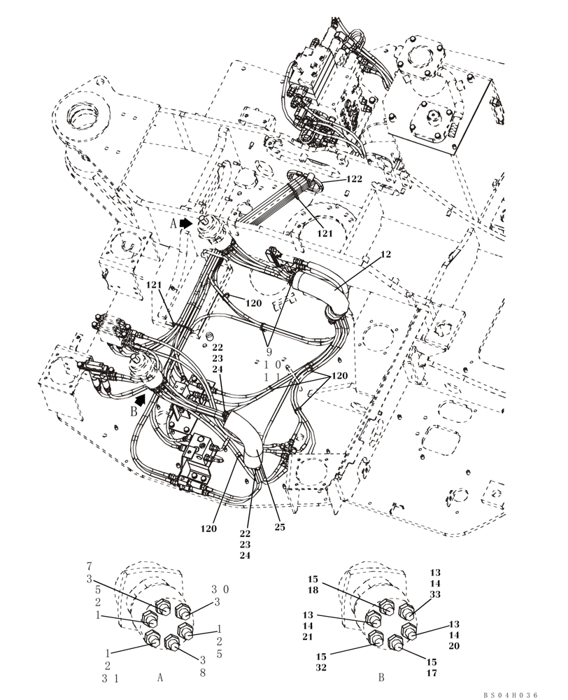 Схема запчастей Case CX80 - (08-33) - PILOT CONTROL LINES - STANDARD, MODELS WITHOUT LOAD HOLD (08) - HYDRAULICS