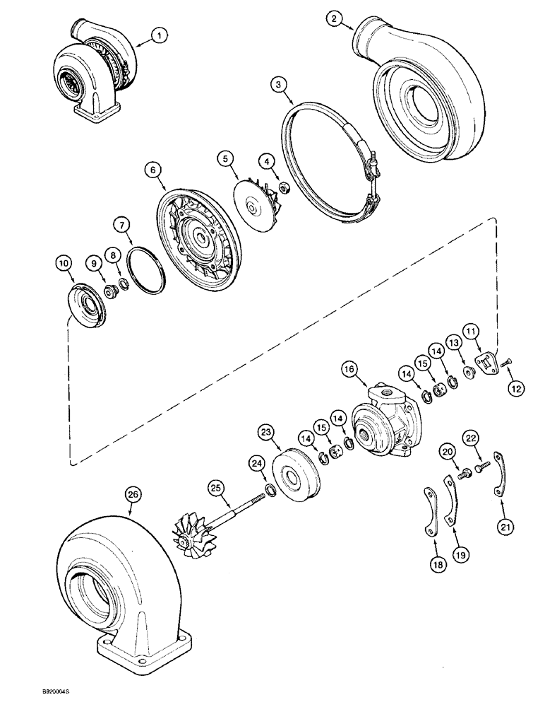 Схема запчастей Case 9040B - (2-34) - TURBOCHARGER ASSEMBLY, 6T-830 ENGINE, PRIOR TO P.I.N. DAC04#2001 (02) - ENGINE