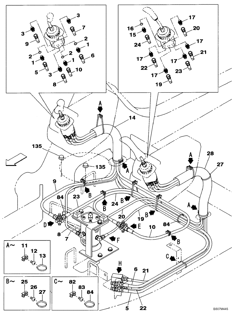 Схема запчастей Case CX135SR - (08-91[04]) - PILOT CONTROL LINES, ATTACHMENT - OPTIONAL (2-WAY) - WITH DOZER BLADE (08) - HYDRAULICS