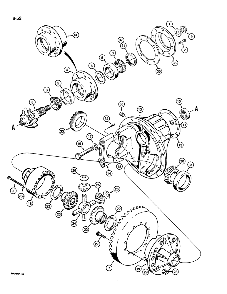 Схема запчастей Case W14B - (6-52) - FRONT AXLE DIFFERENTIALS (06) - POWER TRAIN
