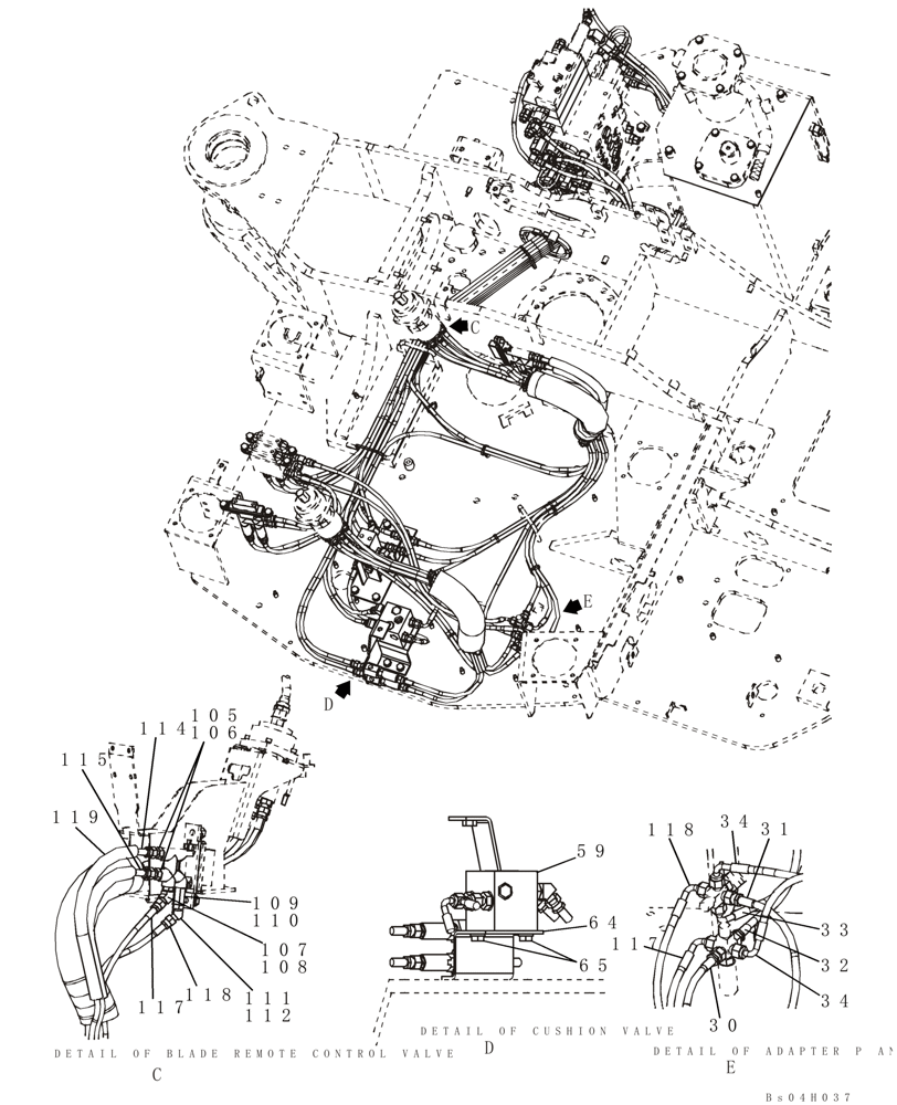 Схема запчастей Case CX80 - (08-34) - PILOT CONTROL LINES - STANDARD, MODELS WITHOUT LOAD HOLD (08) - HYDRAULICS