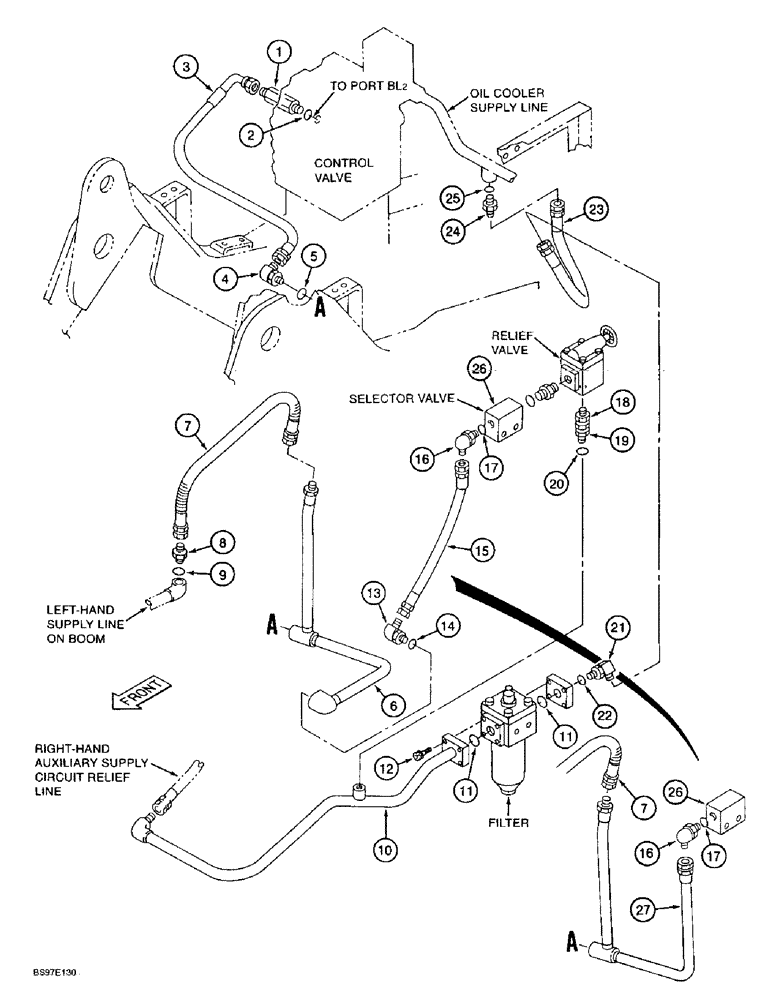 Схема запчастей Case 9020B - (8-092) - DOUBLE ACTION AUXILIARY EQUIPMENT OPTION, SUPPLY LINES, RELIEF CIRCUIT SIDE (08) - HYDRAULICS