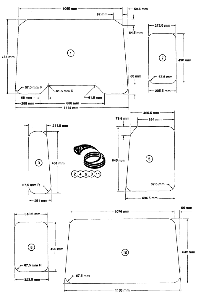 Схема запчастей Case 855E - (9-074) - CAB GLASS, METRIC DIMENSIONS (09) - CHASSIS/ATTACHMENTS
