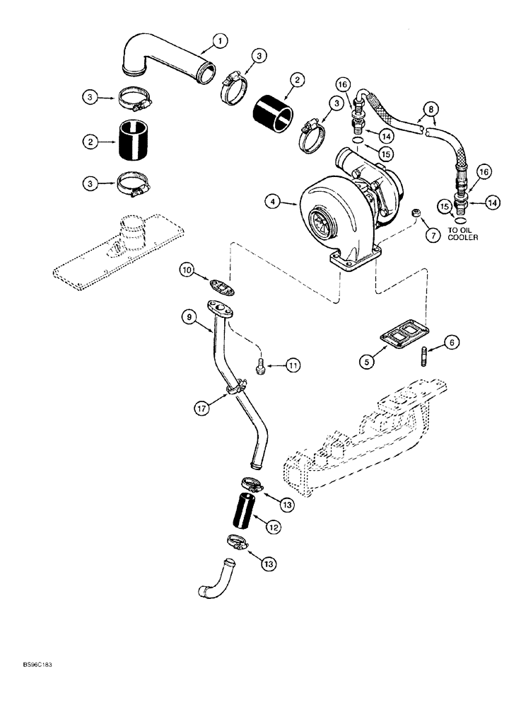 Схема запчастей Case 550G - (2-28) - TURBOCHARGER SYSTEM, 4T-390 ENGINE, PRIOR TO CRAWLER P.I.N. JJG0255794 (01) - ENGINE