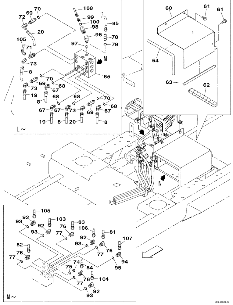 Схема запчастей Case CX470B - (08-37) - PILOT CONTROL LINES, PARTITION - STANDARD (08) - HYDRAULICS