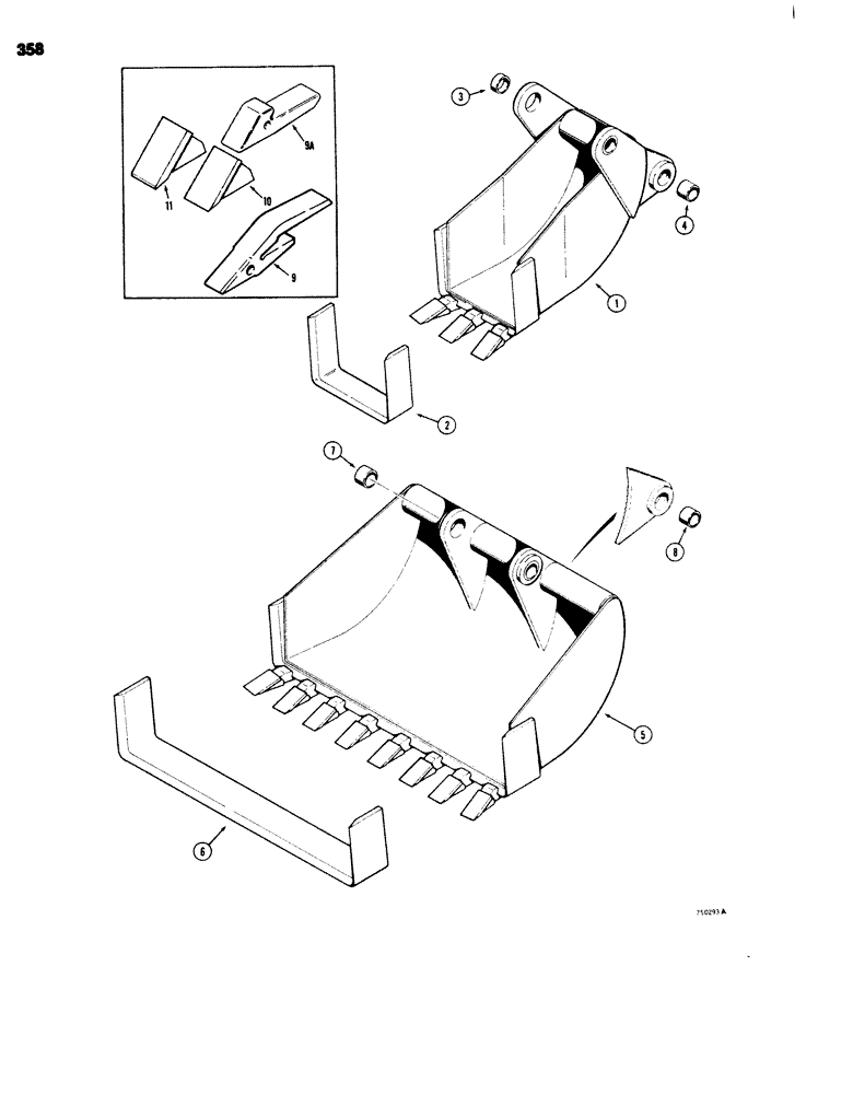 Схема запчастей Case 680G - (358) - BACKHOE BUCKETS, BELLHOLE BUCKETS, COMBINATION BELLHOLE AND GRAVEYARD BUCKET, BUCKET TEETH (09) - CHASSIS/ATTACHMENTS