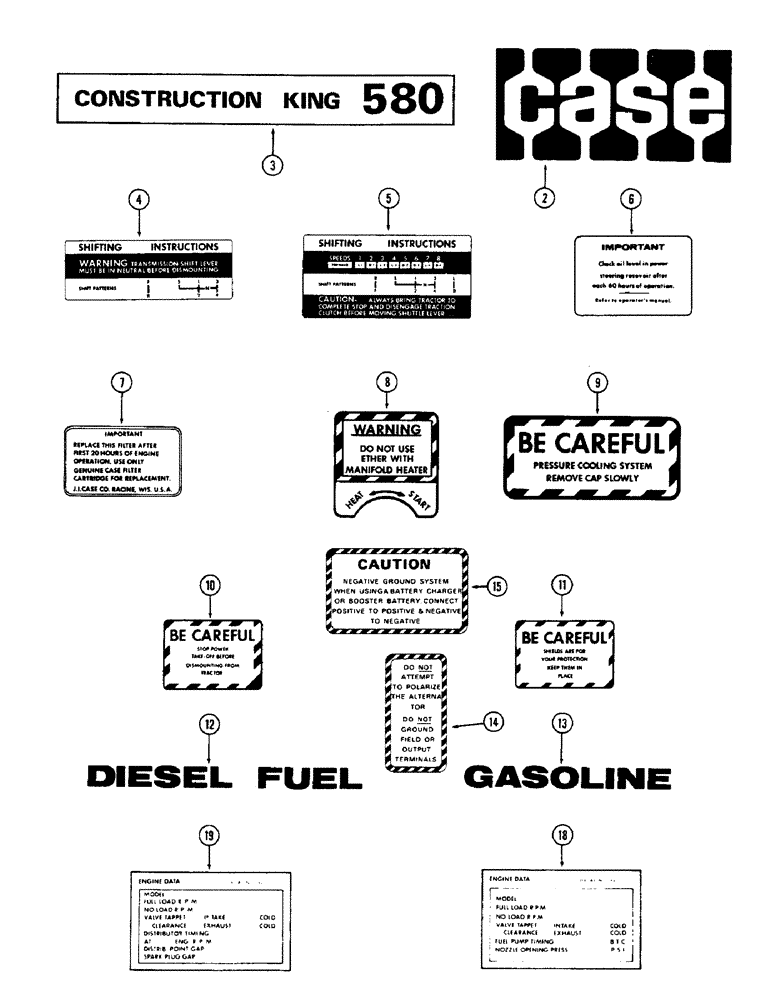 Схема запчастей Case 580 - (170) - DECALS, 1ST USED TRAC. SER. NO. 8656686 (90) - PLATFORM, CAB, BODYWORK AND DECALS