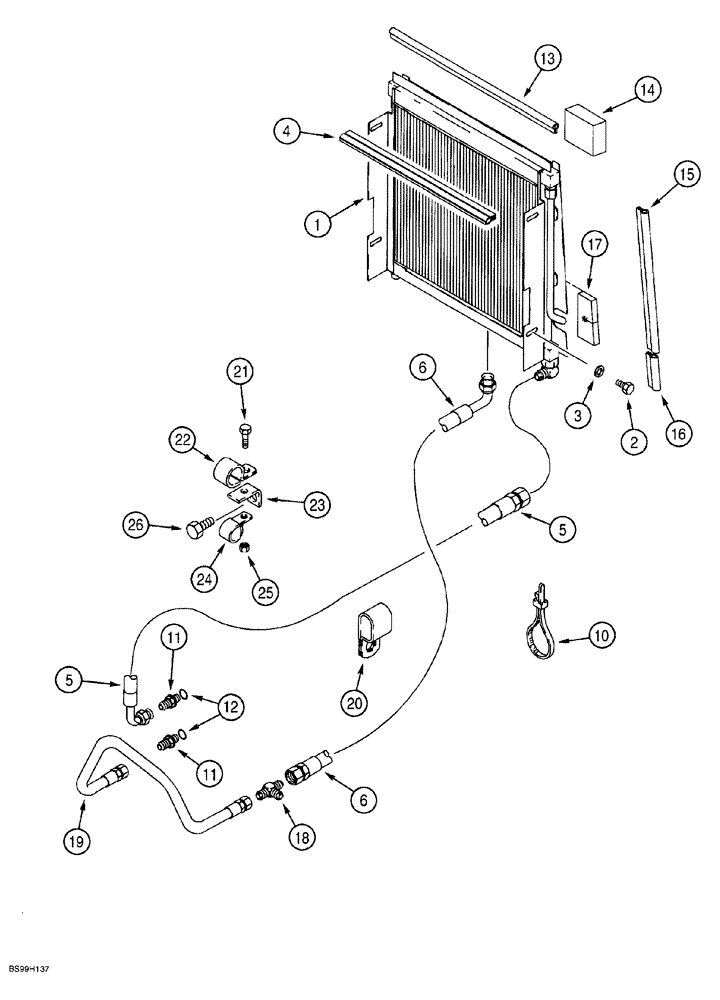 Схема запчастей Case 580SL - (6-022) - TRANSMISSION COOLING SYSTEM, MODELS WITH POWERSHIFT TRANSMISSION, WITH FLARED FITTINGS AT COOLER (06) - POWER TRAIN
