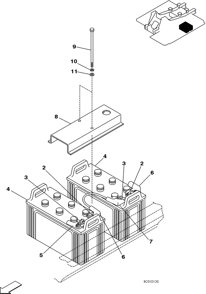 Схема запчастей Case CX330 - (04-008-00[01]) - BATTERIES - MOUNTING (04) - ELECTRICAL SYSTEMS