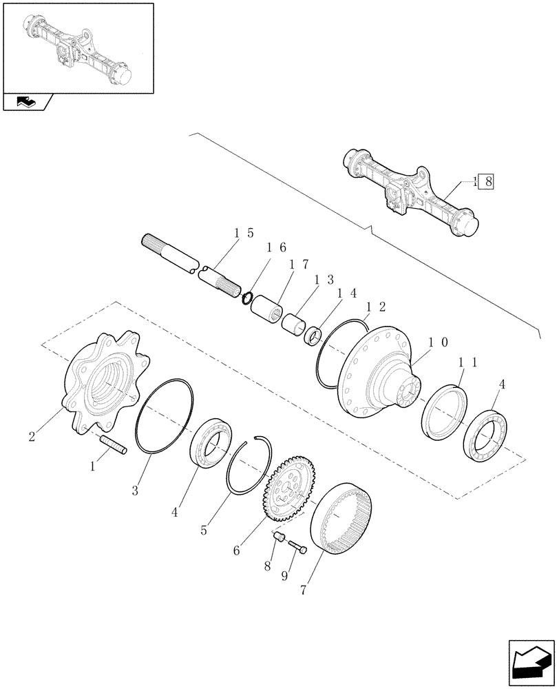 Схема запчастей Case 221E - (073/02[07]) - 20 KM/H REAR SELF-LOCKING AXLE: WHEEL HUB (05) - REAR AXLE
