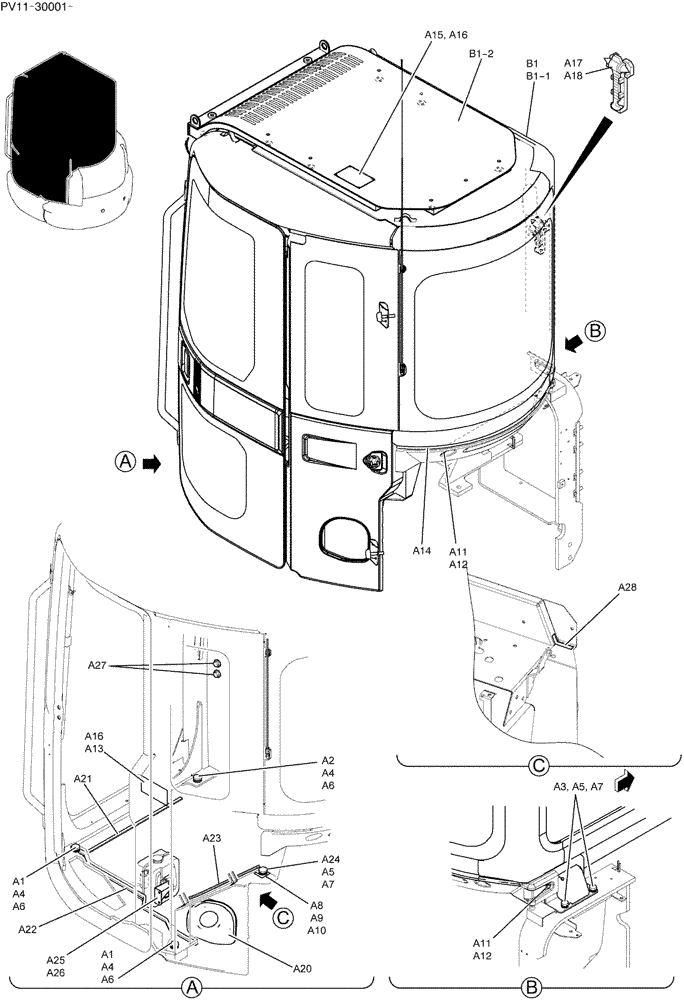 Схема запчастей Case CX27B - (01-043) - CAB INSTAL (90) - PLATFORM, CAB, BODYWORK AND DECALS