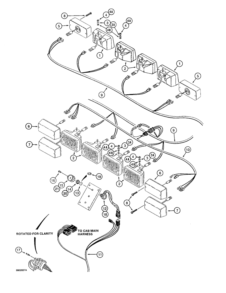 Схема запчастей Case 590 - (4-36) - TRACTOR LAMP ELEC. CIRCUIT, W/ CAB, CAB MODELS W/ PLASTIC ROOF CAP, PRIOR TO CAB S/N JAB0023786 (04) - ELECTRICAL SYSTEMS