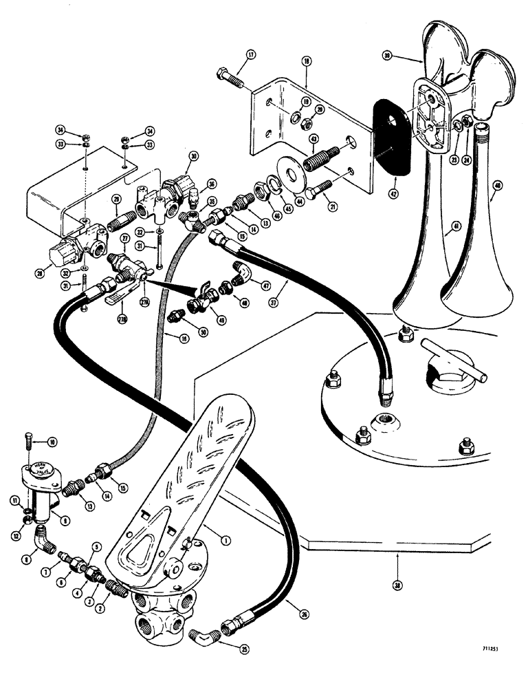 Схема запчастей Case W20 - (188) - BRAKE SYS. TREADLE TO HYD. TANK & HORN SHUT-OFF VALVE O HIGH PRESSR. SIDE OF PRESSR. REDUCING VALVE (07) - BRAKES