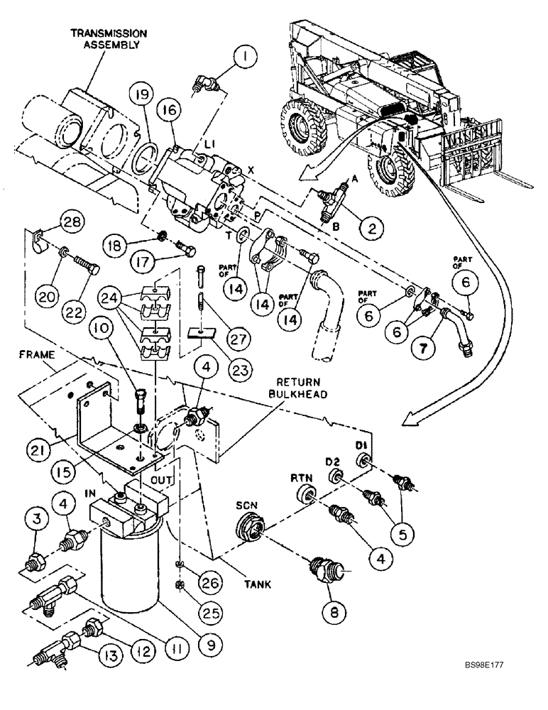 Схема запчастей Case 686G - (8-04) - HYDRAULIC FITTINGS AT PUMP & FILTER (ALL 686G MODELS; BSN 686GXR JFE0001848; 688G JFE0003613) (08) - HYDRAULICS