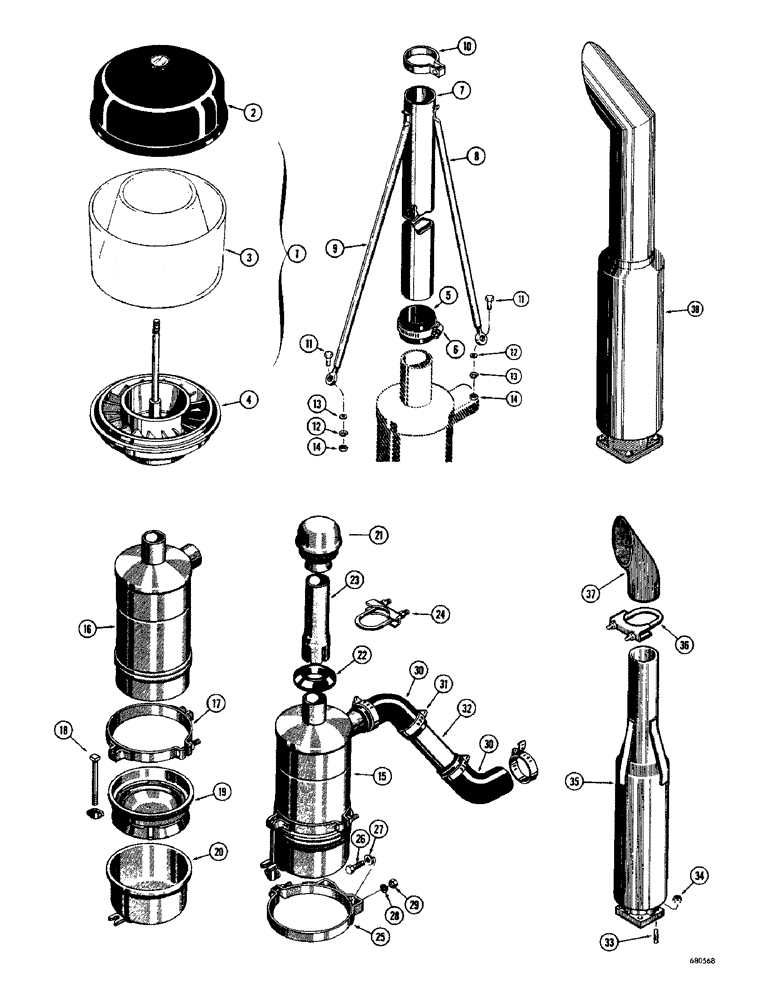 Схема запчастей Case 750 - (038) - AIR CLEANER, MUFFLER AND EXTENSIONS, PRE CLEANER (01) - ENGINE
