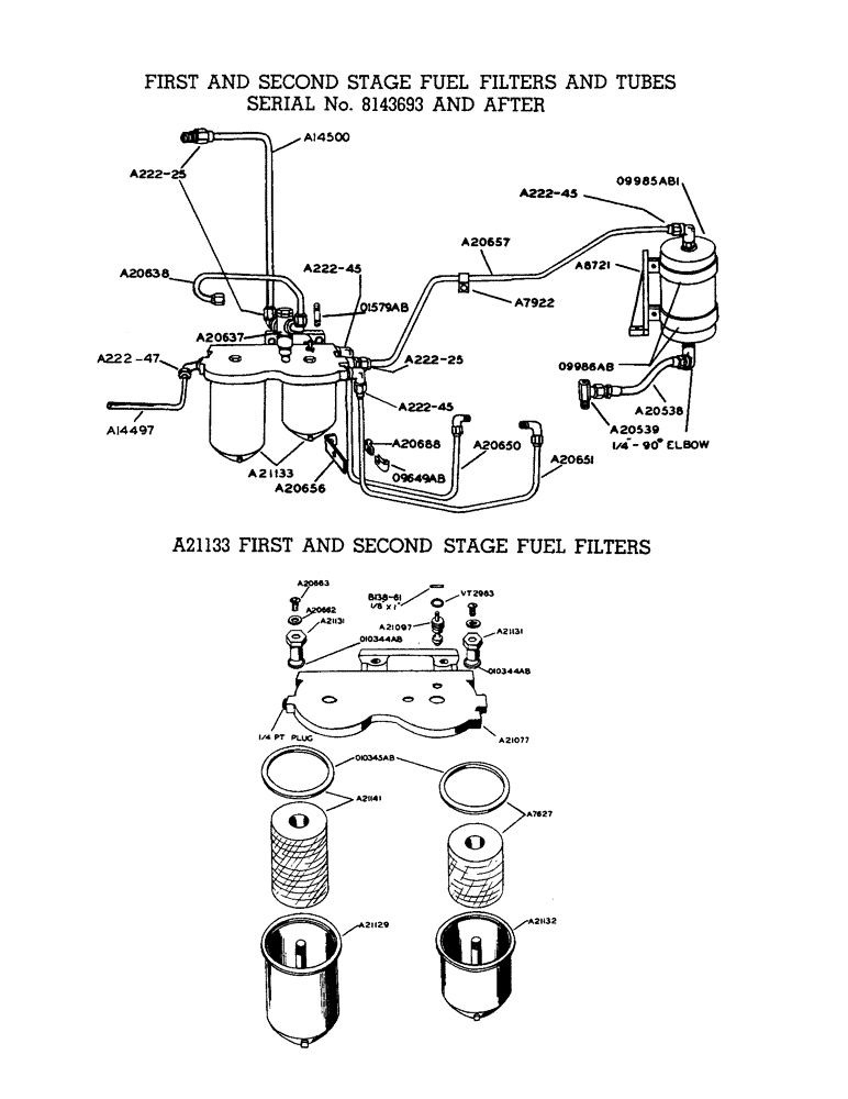 Схема запчастей Case W9 - (028) - DIESEL ENGINE, FIRST AND SECOND STAGE FUEL FILTERS AND TUBES SN. 8143693 & AFTER (03) - FUEL SYSTEM