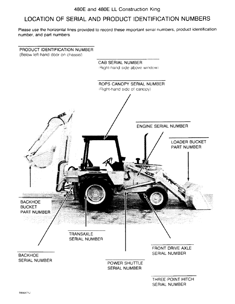 Схема запчастей Case 480E - (1-2) - LOCATION OF SERIAL AND PRODUCT IDENTIFICATION NUMBERS (00) - PICTORIAL INDEX