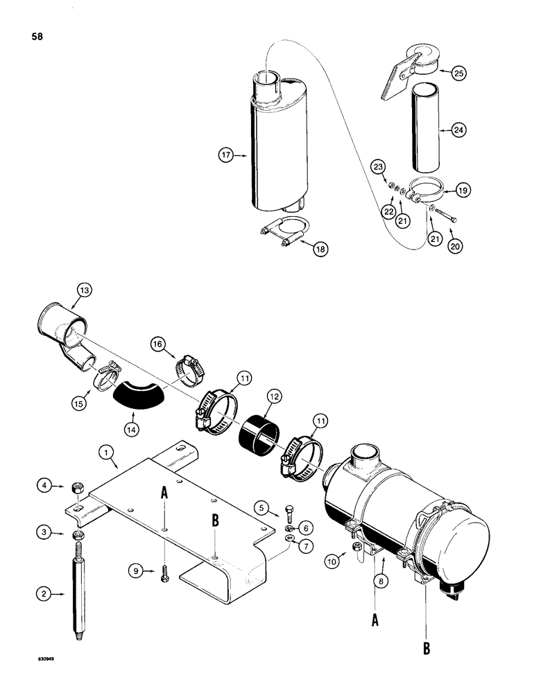 Схема запчастей Case 1155D - (058) - AIR CLEANER AND MUFFLER MOUNTING, DOZER AND DRAWBAR MODELS W/ TURBOCHARGER (02) - ENGINE