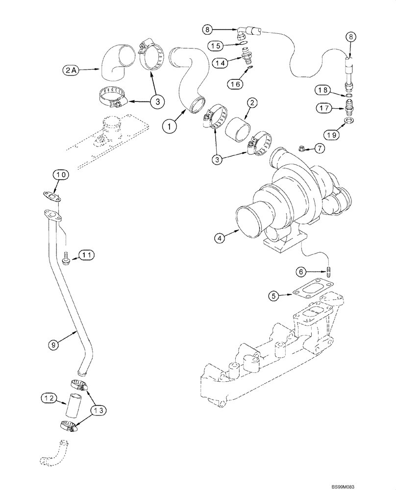 Схема запчастей Case 580SL - (2-022A) - TURBOCHARGER SYSTEM - 4T-390 EMISSIONS CERTIFIED ENGINE (IF USED) (02) - ENGINE