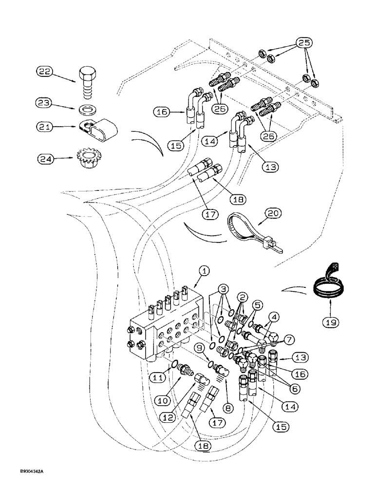 Схема запчастей Case 560 - (8-008) - BASIC HYDRAULIC CIRCUIT, ATTACHMENT CONTROL VALVE TO FRONT BULKHEAD, PLATE FOR BACKFILL HYDRAULICS (08) - HYDRAULICS