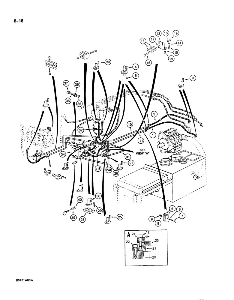 Схема запчастей Case 125B - (8-018) - HYDRAULIC PUMP LINES, P.I.N. 74401 THROUGH 74427, 74429, 74434, AND 74442 THROUGH 74445 (08) - HYDRAULICS