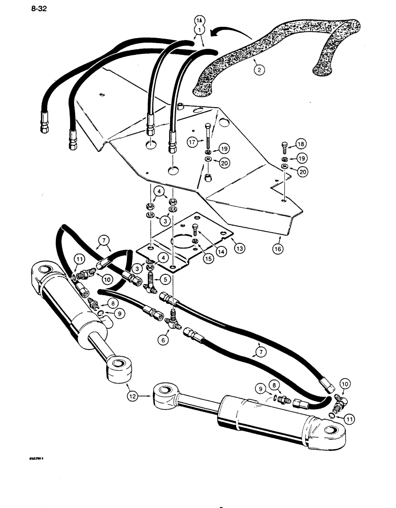 Схема запчастей Case 855D - (8-032) - DOZER ANGLE HYDRAULIC CIRCUIT, GRILLE TO CYLINDERS (08) - HYDRAULICS