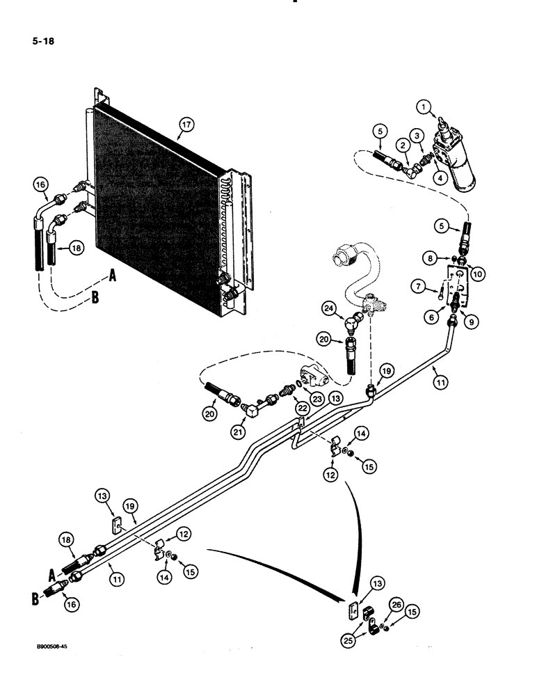 Схема запчастей Case 621 - (5-18) - STEERING HYDRAULIC CIRCUIT, RETURN LINE AND COOLER, P.I.N. JAK0020901 THRU JAK0021336 (05) - STEERING