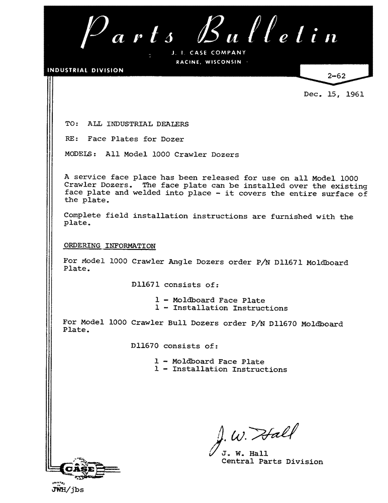 Схема запчастей Case 1000C - (001B) - PARTS BULLETIN (00) - GENERAL