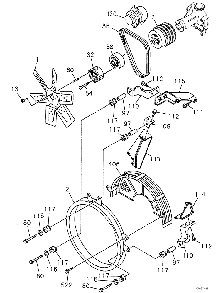 Схема запчастей Case CX460 - (02-06) - FAN DRIVE - DRIVE BELT GUARD (02) - ENGINE