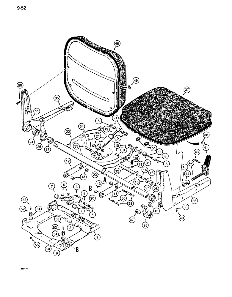 Схема запчастей Case 855D - (9-052) - SUSPENSION SEAT ASSEMBLY, USED ON MODELS WITHOUT A BACKHOE (09) - CHASSIS/ATTACHMENTS