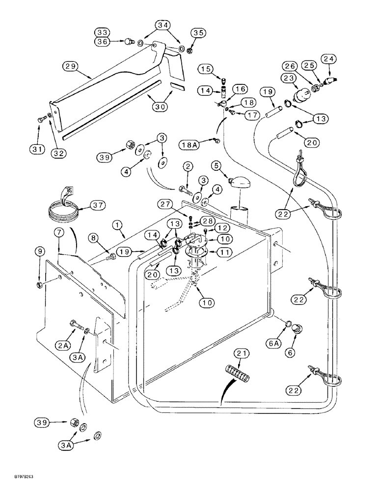Схема запчастей Case 590L - (3-02) - FUEL RESERVOIR, FUEL LEVEL SENSOR AND LEFT-HAND MUD GUARD (03) - FUEL SYSTEM