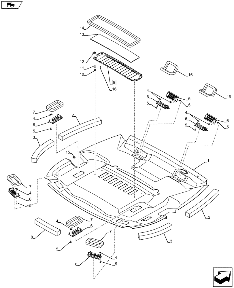 Схема запчастей Case 590SN - (90.160.02) - VAR - 442083 - HEADLINER DELUXE W/FOAM (90) - PLATFORM, CAB, BODYWORK AND DECALS