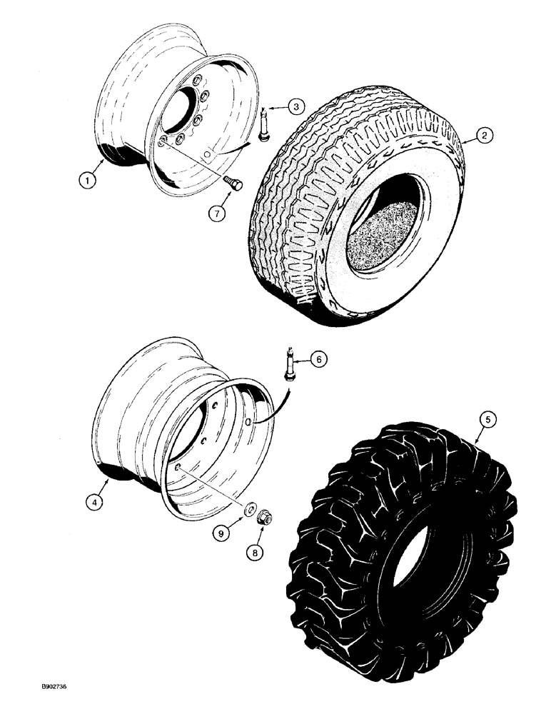 Схема запчастей Case 590 - (5-20) - FRONT WHEELS AND TIRES, FOR 11L X 16 - 10 AND 12 PR F3 TIRES, TWO WHEEL DRIVE MODELS (05) - STEERING