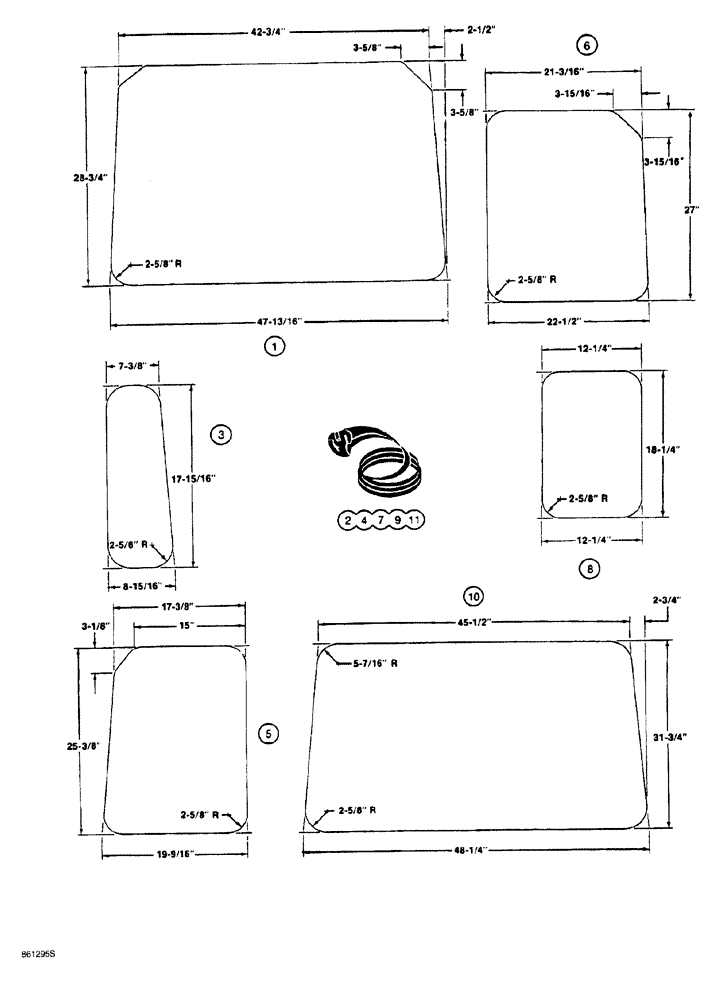 Схема запчастей Case 1150G - (9-054) - ROPS CAB GLASS, U.S. DIMENSIONS (05) - UPPERSTRUCTURE CHASSIS