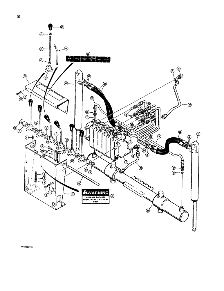Схема запчастей Case D130 - (7-008) - BACKHOE HYD. LINES, SWING CIRCUIT, STABILIZER CIRCUIT & CONTROLS USED ON BACKHOE SN P1520301 & AFT 
