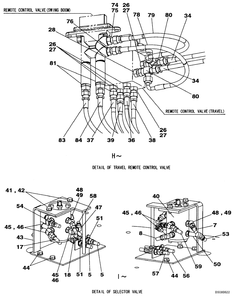Схема запчастей Case CX80 - (08-43) - PILOT CONTROL LINES - MODELS WITH CONTROL SELECTOR VALVE (08) - HYDRAULICS