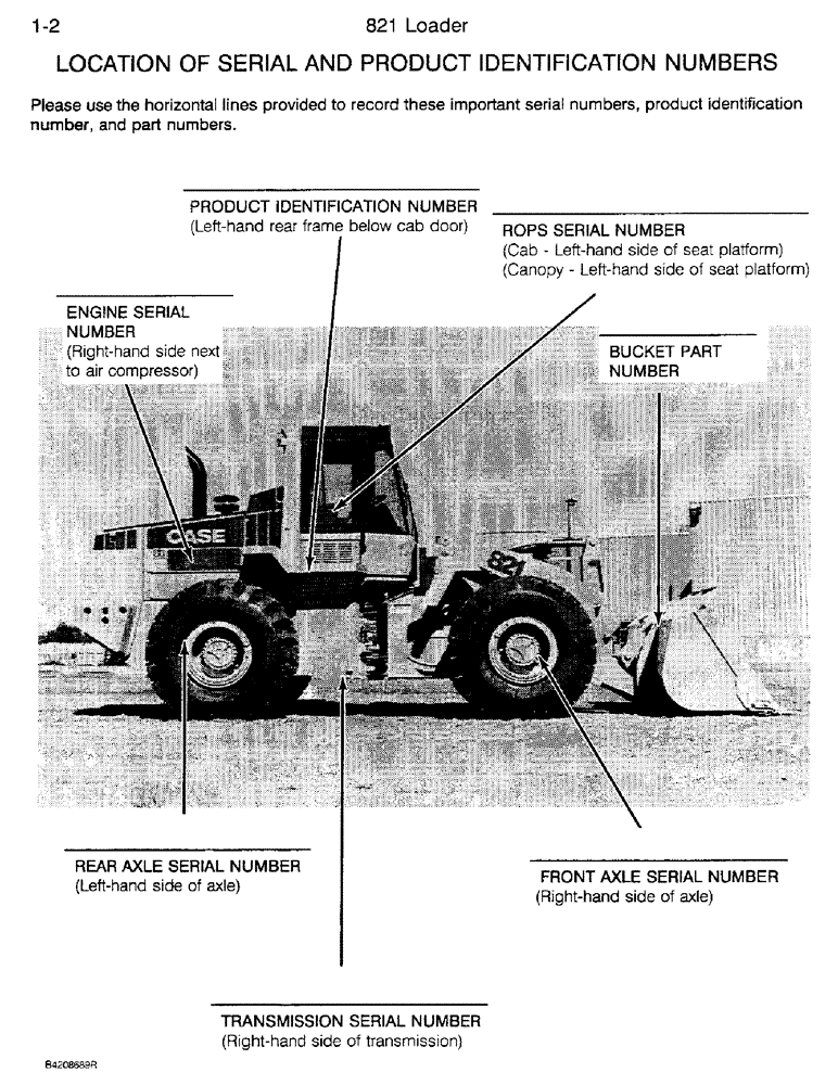 Схема запчастей Case 821 - (1-002) - LOCATION OF SERIAL AND PRODUCT IDENTIFICATION NUMBERS (00) - PICTORIAL INDEX