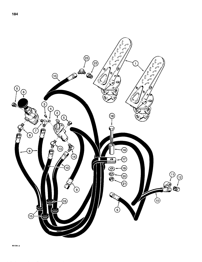 Схема запчастей Case 680H - (184) - BRAKE SYSTEM, TREADLE TO CLUTCH CUTOUT AND PARKING BRAKE VALVE (07) - BRAKES