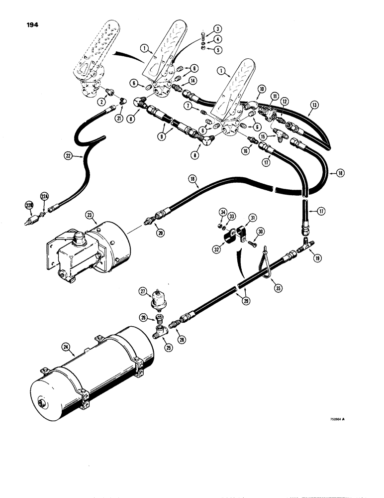 Схема запчастей Case W24B - (194) - BRAKE SYSTEM, RESERVOIR TO TREADLES, REAR MASTER CYLINDER & CLUTCH BEFORE TRACTOR SERIAL NO. 9126839 (07) - BRAKES