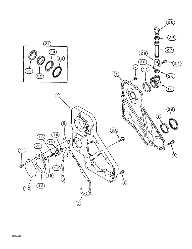 Схема запчастей Case 821B - (2-19A) - FRONT GEAR COVER, 6T-830 EMISSIONS CERTIFIED ENGINE, TRACTOR P.I.N. JEE0050601 AND AFTER (02) - ENGINE
