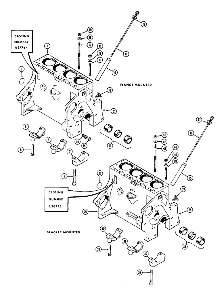 Схема запчастей Case 500 - (034) - CYLINDER BLOCK ASSEMBLY, (188) SPARK IGNITION ENG., FIRST USED ENG. S/N 9802215, CASTING NO. A37747 (01) - ENGINE