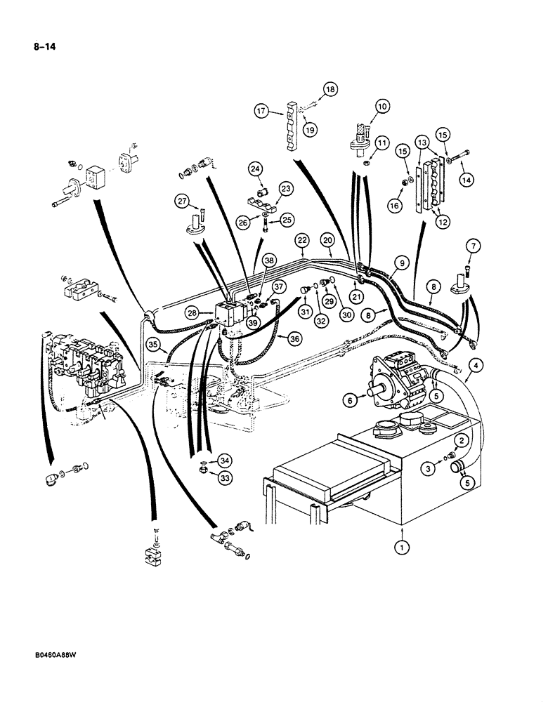 Схема запчастей Case 125B - (8-014) - HYDRAULIC PUMP LINES, P.I.N. 74401 THROUGH 74427, 74429, 74434, AND 74442 THROUGH 74445 (08) - HYDRAULICS