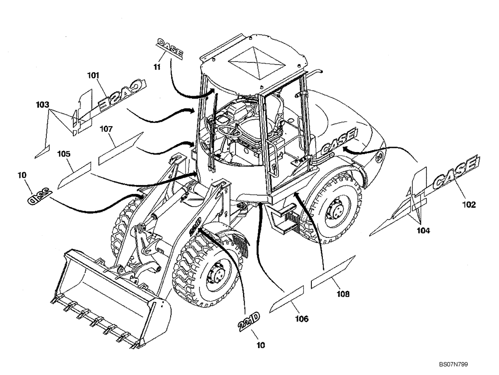 Схема запчастей Case 221D - (91.010[2990417000]) - DECAL KIT (90) - PLATFORM, CAB, BODYWORK AND DECALS