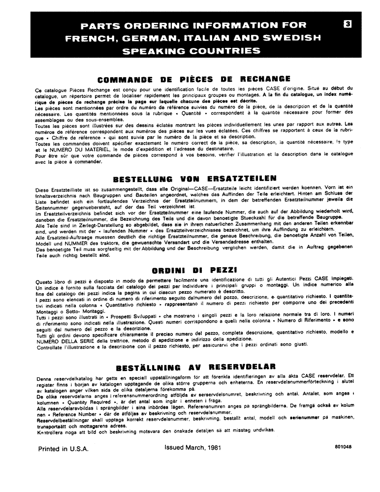 Схема запчастей Case 1816B - (03) - PARTS ORDERING INFORMATION FOR FRENCH, GERMAN, ITALIAN AND SWEDISH SPEAKING COUNTRIES (05) - SERVICE & MAINTENANCE