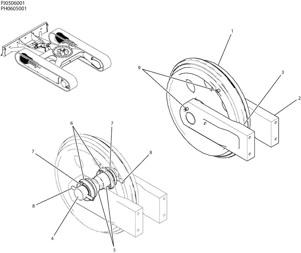 Схема запчастей Case CX50B - (02-005) - IDLER ASSY (48) - TRACKS & TRACK SUSPENSION